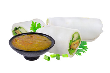 Three translucent Pho rolls reveal stir-fried beef and herbs, paired with a small bowl of dipping...