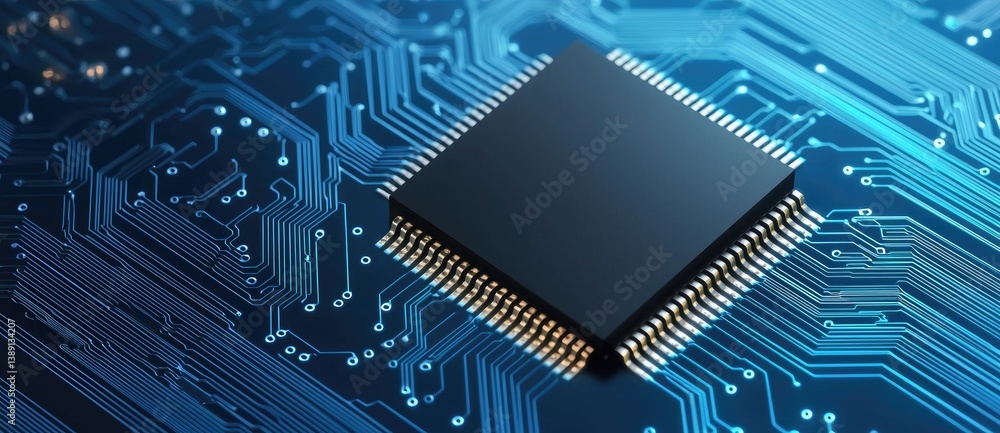 Poster a close-up of a microchip on a blue circuit board, showcasing intricate designs and connections that