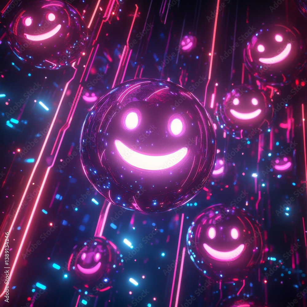 Leinwandbilder neon smile orbs in digital space: a happy abstract with glowing lights and spherical forms, futurist