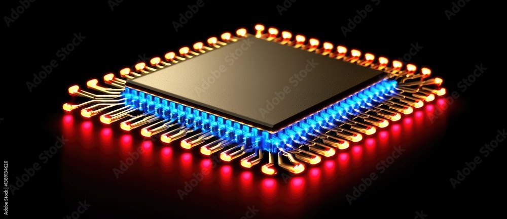 Poster a glowing microchip with vibrant led lights, showcasing advanced technology and intricate circuitry 