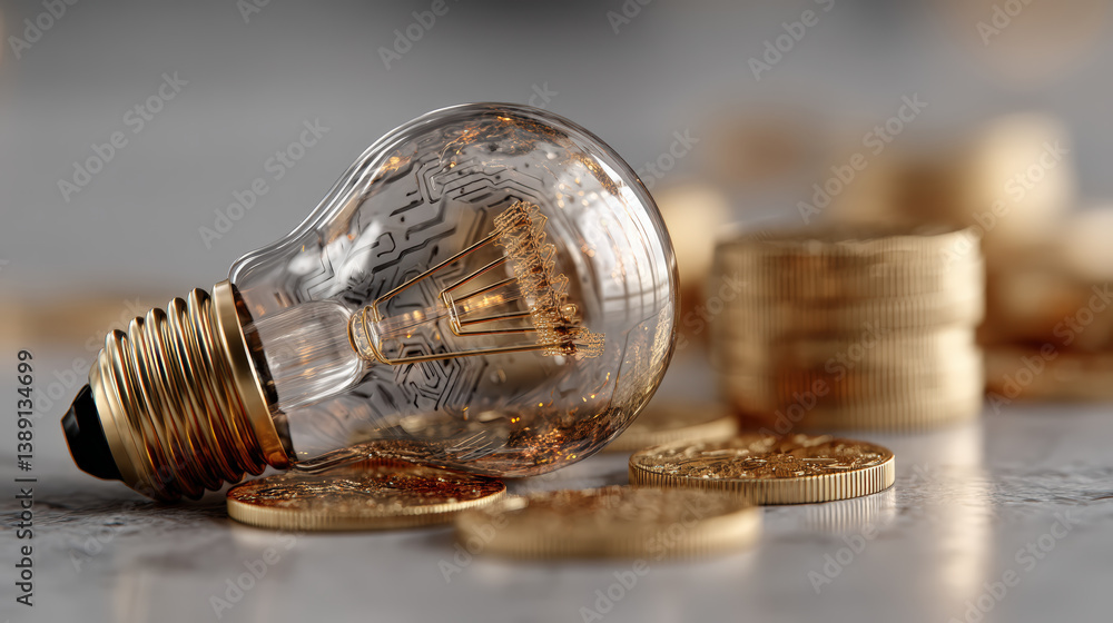 Fototapete transparent lightbulb with intricate circuitry design rests on surface surrounded by stacks of golden coins, symbolizing innovation and wealth