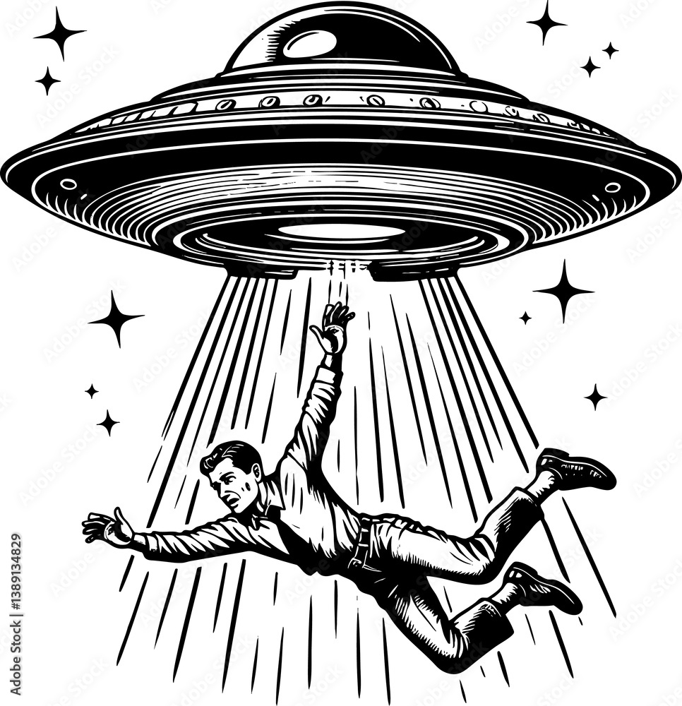 Poster ufo beaming up a man in a suit, depicting an alien abduction with classic sci-fi aesthetics sketch e