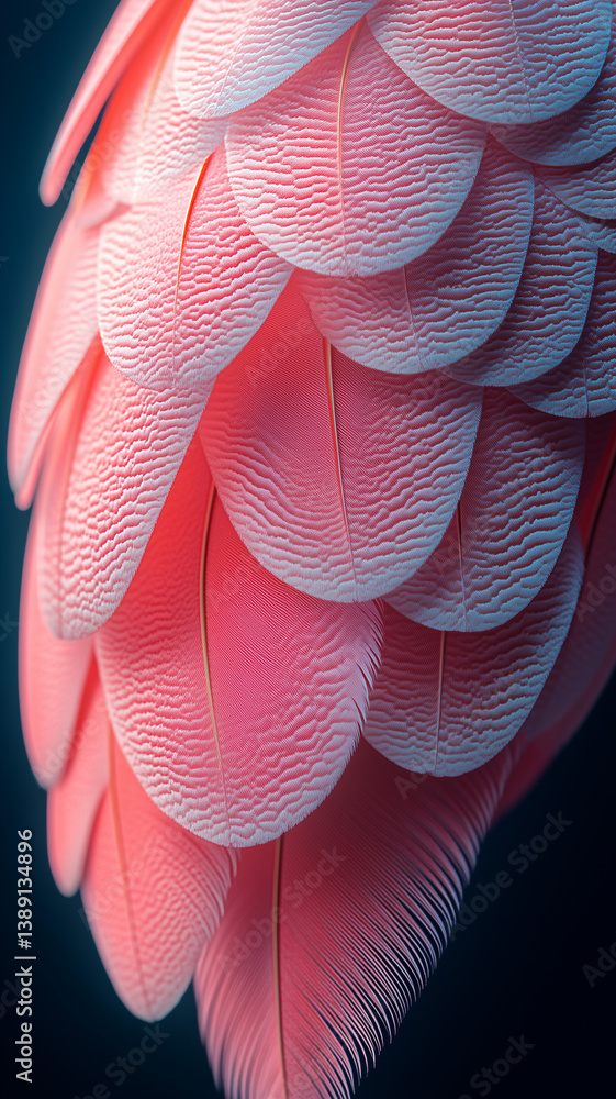 Poster pink feather close-up showcases intricate textures and patterns of a delicate natural structure wall