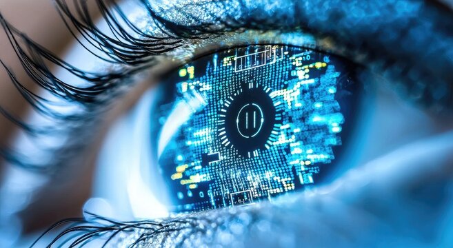 A close-up of a human eye featuring a digital interface, highlighting technology and vision with blue and futuristic motifs.
