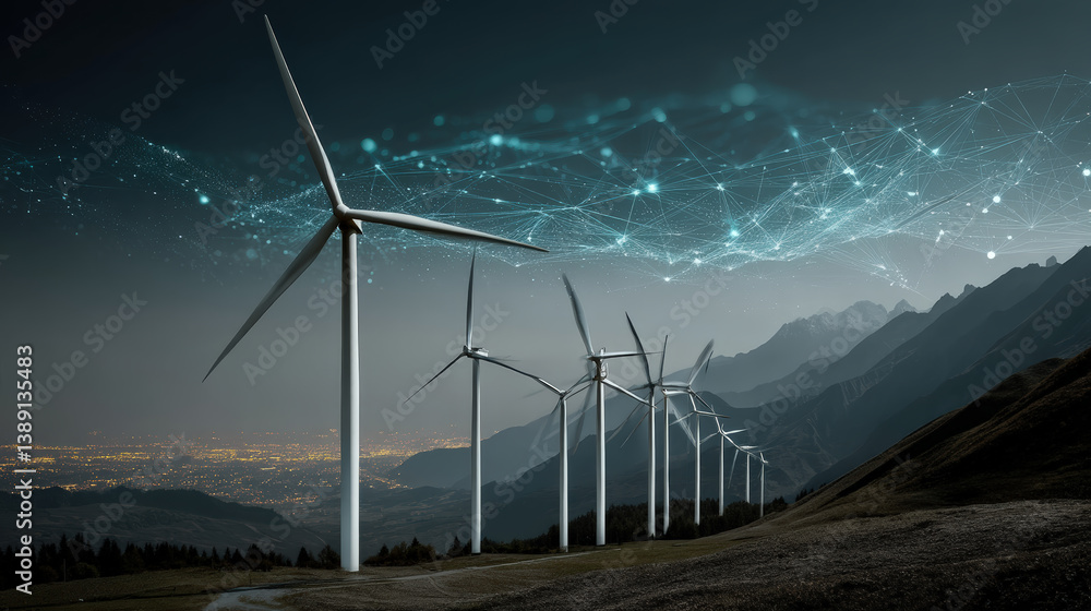 Aufkleber large wind farm with sleek modern turbines generating renewable energy against mountainous backdrop,
