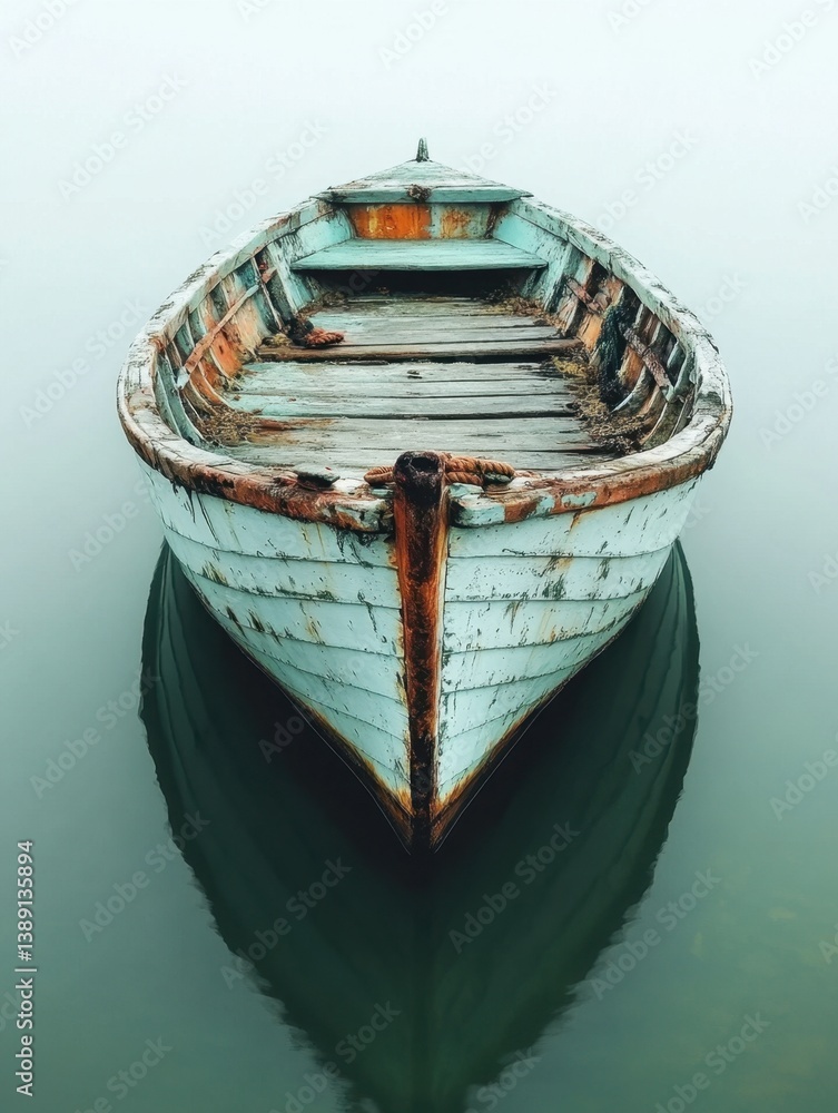 Poster serene weathered rowboat on tranquil water surface capturing reflection and rustic charm in soft lig