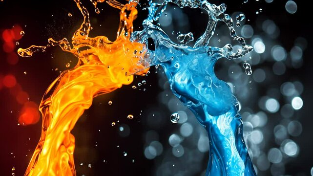 Dramatic clash of orange and blue liquid, frozen in motion with splashes and droplets against a blurred background, dynamic abstract
