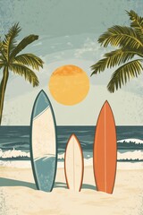 Three colorful surfboards stand on the beach next to the ocean