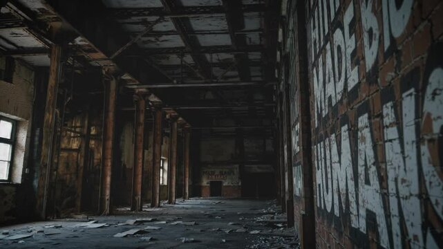 Inside a large abandoned warehouse, decayed walls and rusted beams frame stenciled text 'MADE BY HUMANS', evoking industrial history and nostalgia