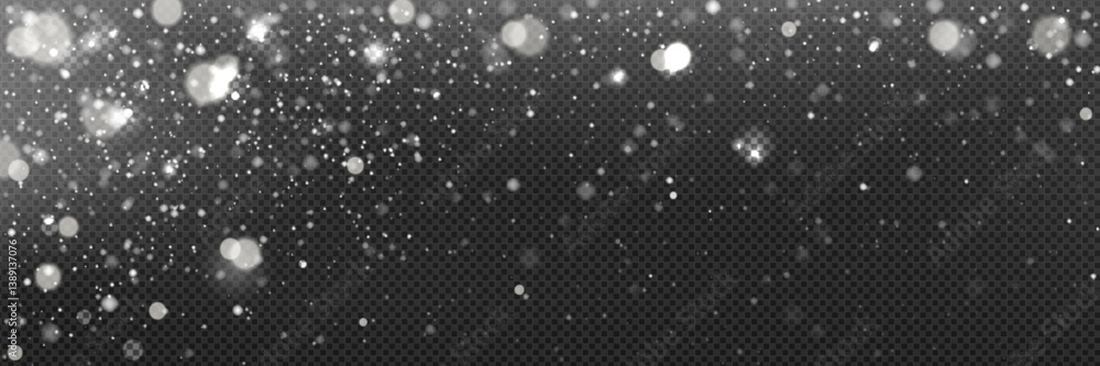 Poster snow falling on transparent background. vector realistic illustration of blurred sparkling snowflake