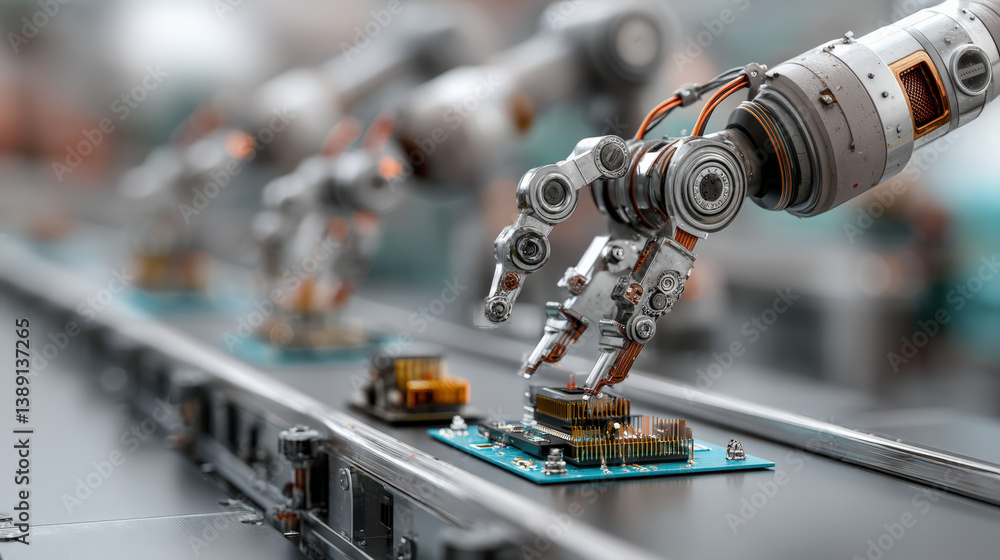 Fototapete robotic arms on assembly line are precisely assembling electronic components on circuit boards, show