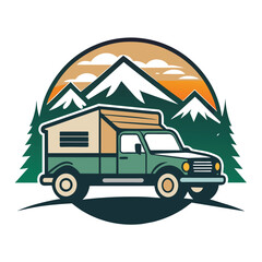 Obraz premium A cartoon illustration of a green truck camper van driving through a mountain landscape. The sun is setting behind the mountains, creating a warm and inviting atmosphere.