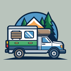 A cartoon illustration of a camper van parked in a forested mountain setting. The van is white with green and blue accents.