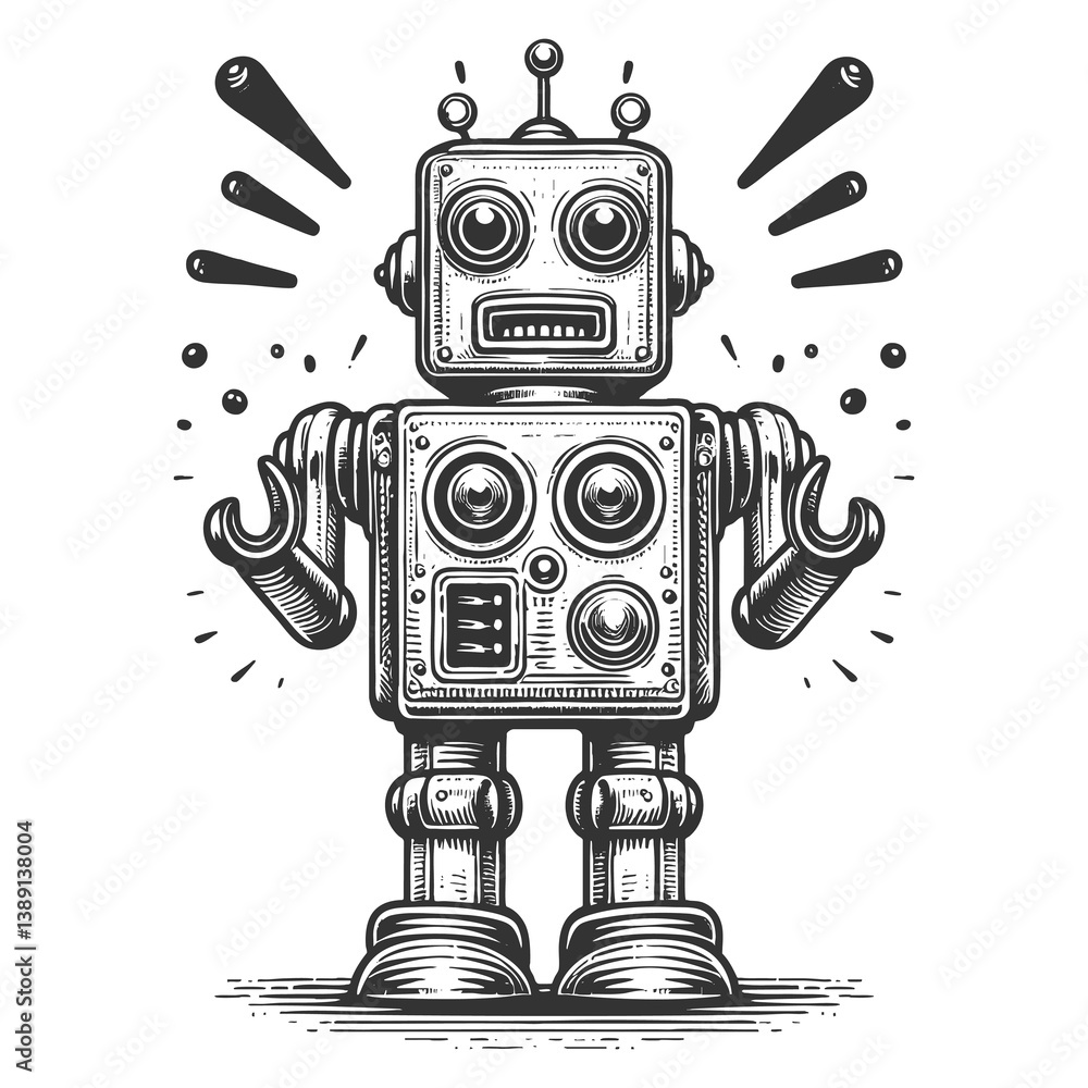Poster cute mechanical robot with antennae and surprised face, evoking retro sci-fi aesthetics sketch engra