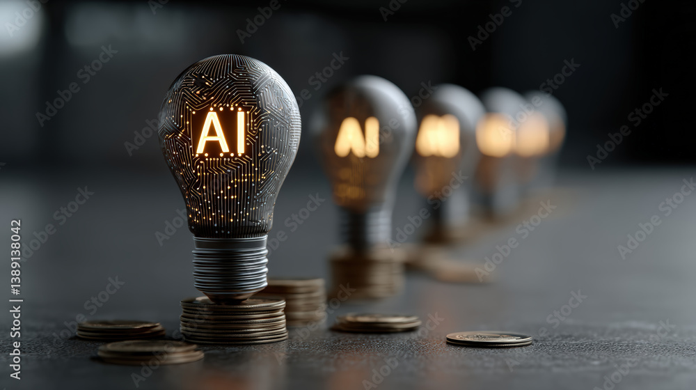 Aufkleber row of glowing lightbulbs with ai symbols is placed on stacks of coins, symbolizing intersection of 