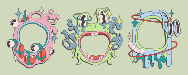 Psychedelic frame elements set - colorful warped shapes with eyes, dripping effect, squiggly outlines in 1970s hippie aesthetic. curvy forms for funky mirror or portal. Trippy surreal doodle design.