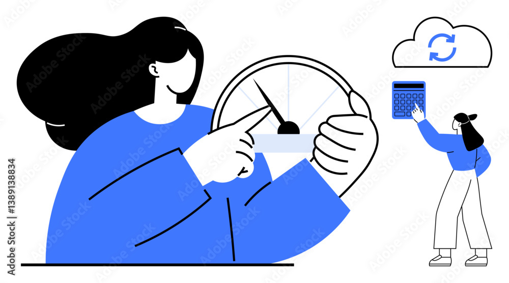 Aufkleber woman adjusting speed dial, another figure using a calculator under cloud sync icon. ideal for techn