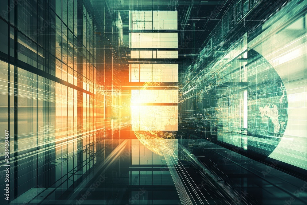 Poster a futuristic digital landscape with a glowing sun, showcasing a perspective through glass structures