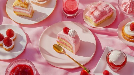 Strawberry cake with ice cream on pink tablecloth. Summer background
