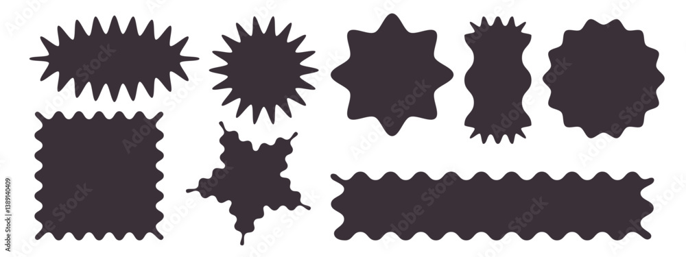 Poster scallop shape silhouettes set - starburst and circle, rectangle and abstract irregular splash forms.