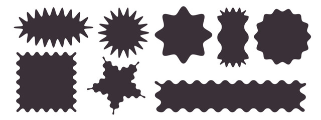Scallop shape silhouettes set - starburst and circle, rectangle and abstract irregular splash forms. Black simple frames and badges, borders and design elements in minimalist monochrome style.