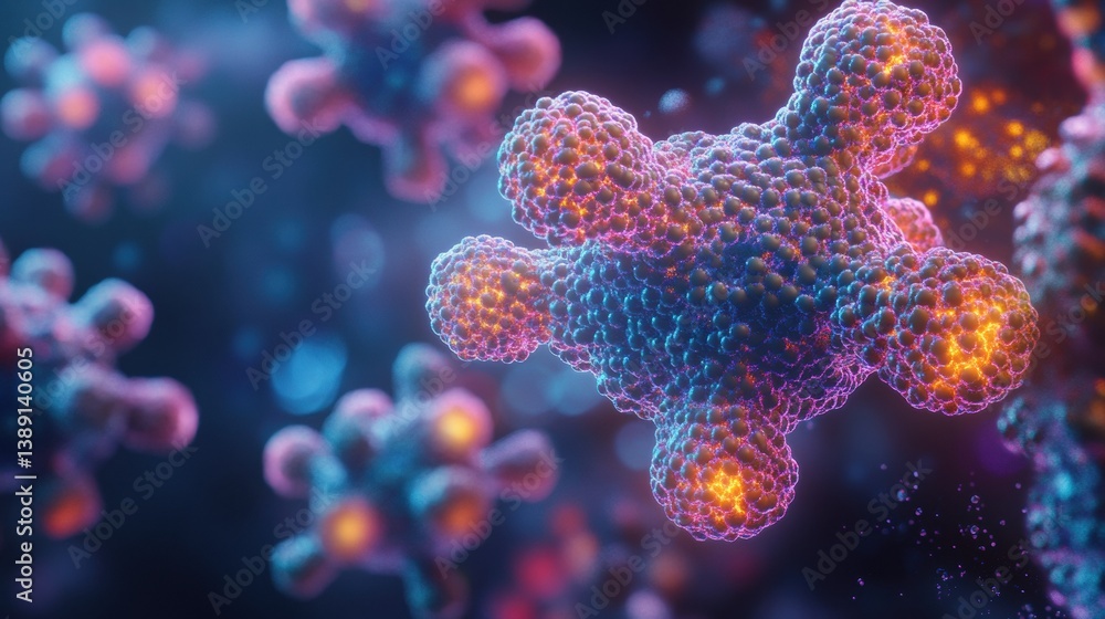 Fototapete Stunning 3D visualization of AAV virus particle showcasing molecular realism and bioluminescent glow in a microscopic fluid environment