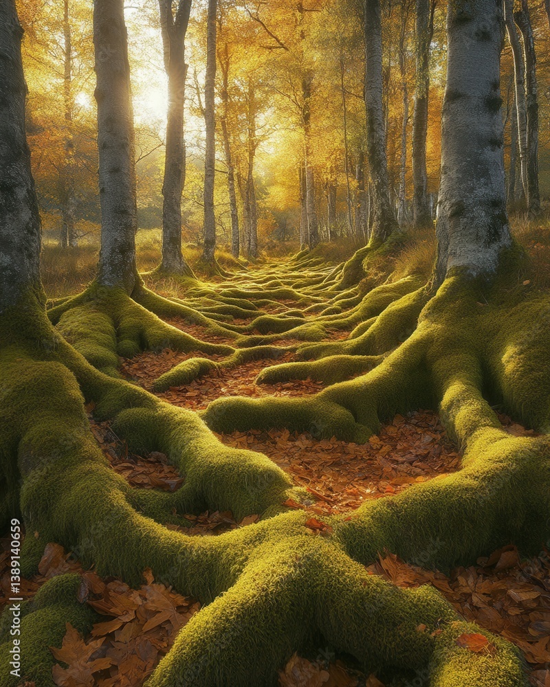 Poster enchanting autumn forest path with mossy tree roots and golden leaves creating a serene and magical 