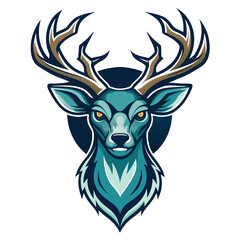 Fototapeta premium A vector illustration of a blue deer head mascot, with large antlers and a dark circle behind it, on a white background.