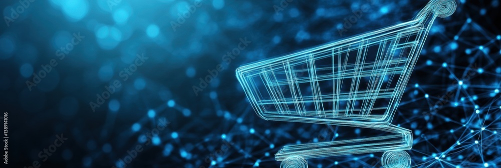 Fototapete sleek and minimalistic shopping cart icon with glowing digital lines on deep blue gradient backgroun