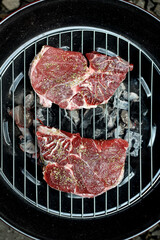 Homemade grilled steak on a grill pan. Fresh, delicious, juicy meat with copy space closeup