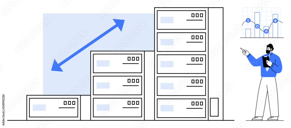 Poster stacked servers with upward growth arrow, analyst pointing at data chart. ideal for growth, analytic