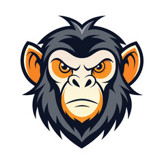 Obraz premium This illustration features a cartoon chimpanzee head with a fierce expression and orange ears. The image is perfect for use in branding, marketing, or as a mascot for a sports team.