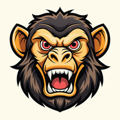 A cartoon illustration of a chimpanzees head with sharp teeth and a fierce expression.