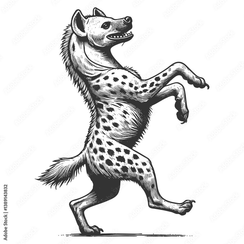 Poster hyena standing upright and dancing, featuring intricate line work in a vintage etching style sketch 