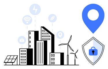 Skyscrapers with connected symbols thumbs up wireless, solar panel, wind turbines, and security shield. Ideal for technology, sustainable energy, urban development, smart cities, security