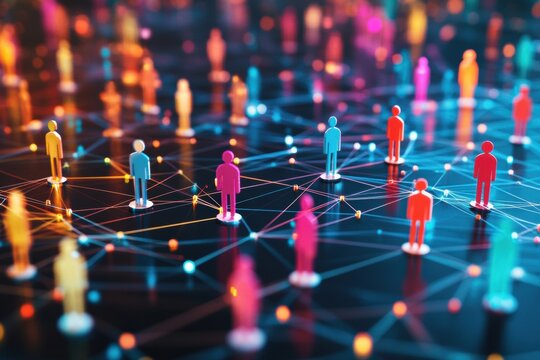 Colorful figures on a digital grid represent diverse customer insights for personalized marketing strategies during a dynamic digital age