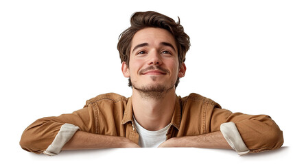 Young man leaning on white board and looking up with a smile, isolated on transparent cutout background
