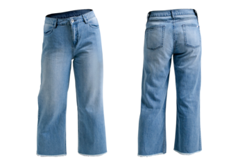 women's wide leg medium blue jeans in ghost concept model isolated on transparent background