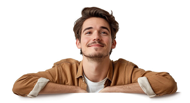 Young man leaning on white board and looking up with a smile, isolated on transparent cutout background