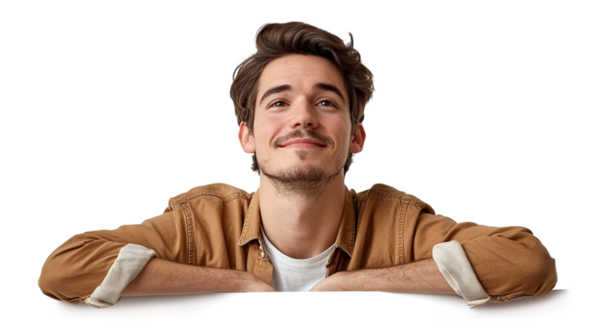 Young man leaning on white board and looking up with a smile, isolated on transparent cutout background