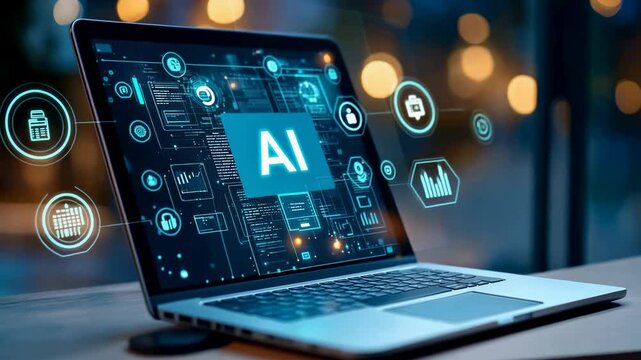 Laptop displays interface charts, graphs, , code. The prominent 'AI' initials highlight artificial intelligence. A hand hovers, prepared interact. The background is softly blurred lights, adding