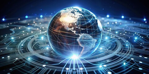 Obraz premium Global Network Illuminated Earth on a Circuit Board Representing Interconnectedness and Data Flow
