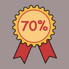 70% Discount Sticker with Red Ribbon, Flat Design on Gray Background, 70% Discount Icon with Red Ribbon, Minimalist Style on Solid Background