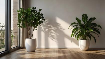 Minimalist Interior with Potted Green Plants and Natural Sunlight – Modern Home Aesthetic back ground

