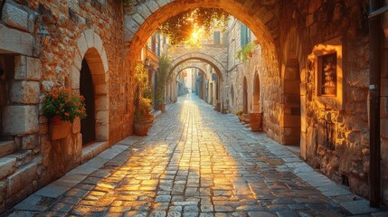 Fototapeta premium Sunlit cobblestone alley, arched stone buildings, Mediterranean village, tourism