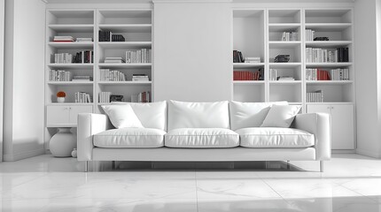 Modern Cozy minimalist living room design with a white sofa,book shelf,  open layout, Scandinavian living style, open-concept living, minimalist design.