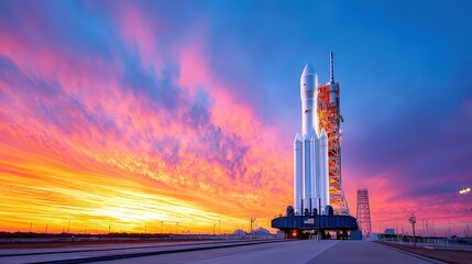 A stunning rocket stands on a launch pad against a vibrant sunset sky, showcasing remarkable colors and the excitement of space exploration.