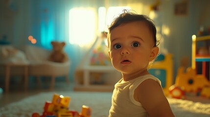 Curious baby boy exploring his nursery, surrounded by colorful toys. Innocence and wonder in early childhood discovery.
