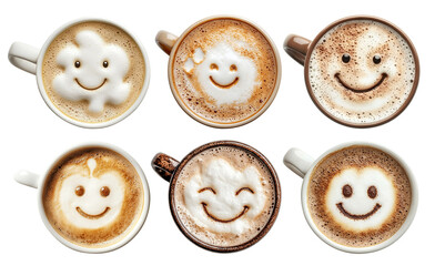 Set of coffee cups with smiling foam art faces, isolated on transparent cutout background
