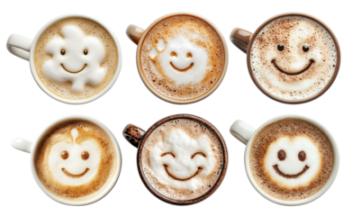 Set of coffee cups with smiling foam art faces, isolated on transparent cutout background
